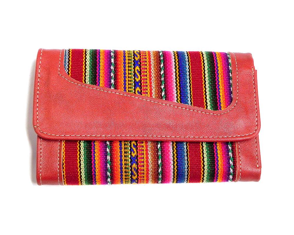 CP-010200019901 Handmade tribal print wallet with vegan leather, acrylic wool, magnetic snap closure, and multiple card slot compartments in red.