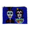 Handmade Day of the Dead sugar skull couple beaded coin purse with Czech glass seed bead and zipper closure in blue.
