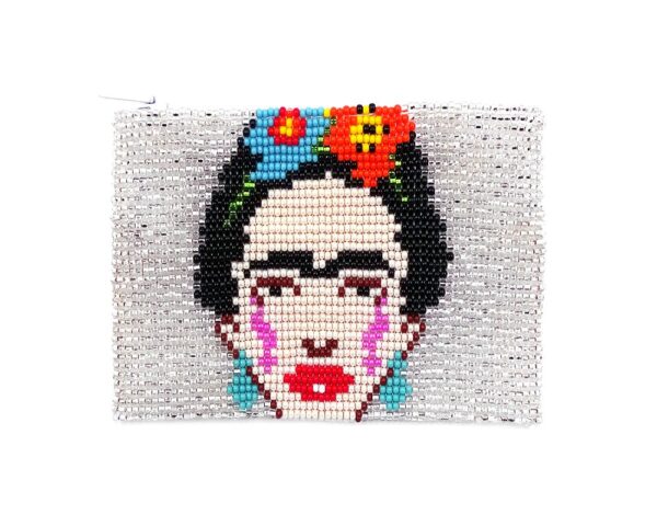Handmade Frida inspired portrait beaded coin purse with Czech glass seed bead and zipper closure in white.