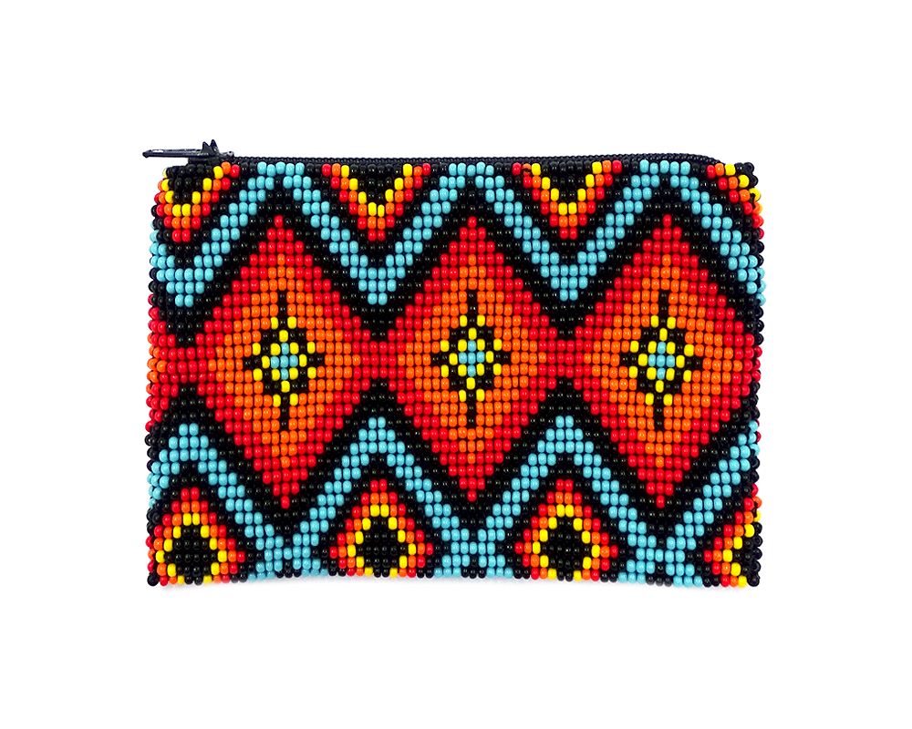 CP-020207350201 Handmade Native American coin purse with diamond pattern, Czech glass seed bead and zipper closure in turquoise and orange color.