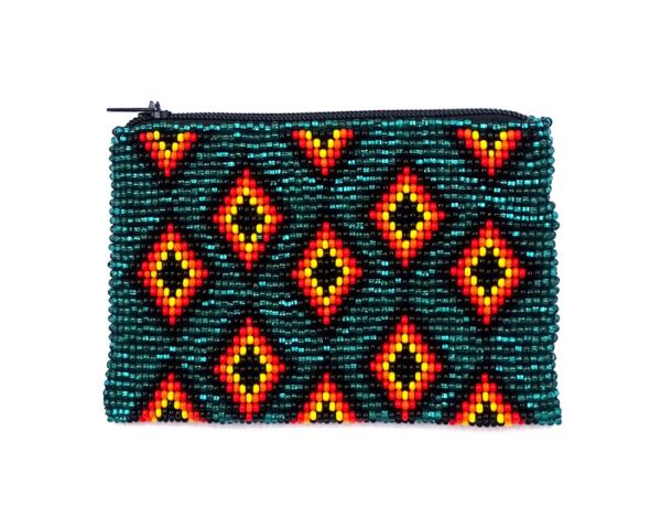 Handmade native diamond coin purse with multi diamond pattern, Czech glass seed bead, and zipper closure in teal and orange color.