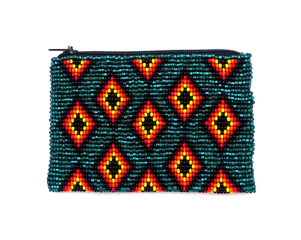 Handmade native diamond coin purse with multi diamond pattern, Czech glass seed bead, and zipper closure in teal and orange color.
