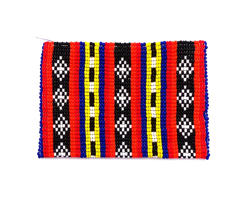 CP-020210050309 Handmade tribal bead coin purse with striped pattern, Czech glass seed bead, and zipper closure in blue, red, orange, yellow, and black.