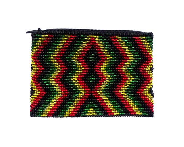 Handmade rasta bead coin purse with shiny Czech glass seed bead and zipper closure in trippy diamond pattern.