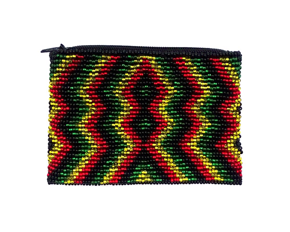 Handmade rasta bead coin purse with shiny Czech glass seed bead and zipper closure in trippy diamond pattern.