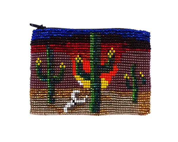 Handmade beaded southwest cactus coin purse pouch with shiny Czech glass seed bead and zipper closure in multicolored color.