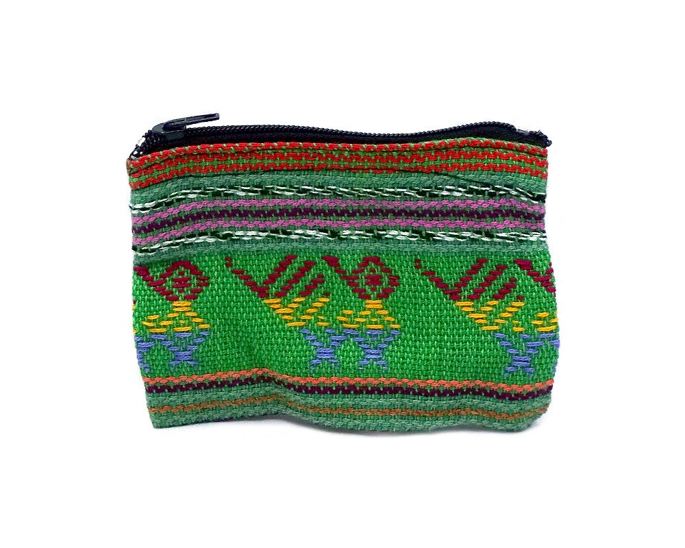 CP-020301349934 Handmade mini tribal pouch coin purse with woven multicolored patterns and zipper closure in lime green