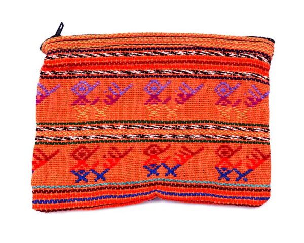 Handmade tribal coin purse with woven multicolored patterns and zipper closure in light orange.