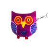 Handmade owl keychain pouch coin purse with embossed leather, silver keyring, and zipper closure in purple.