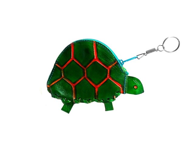 Handmade turtle keychain pouch coin purse with embossed leather, silver keyring, and zipper closure in green.