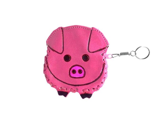 Handmade pig keychain pouch coin purse with embossed leather, silver keyring, and zipper closure in pink.