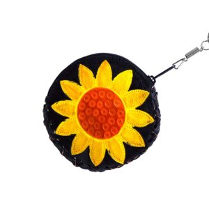 Handmade round sunflower keychain pouch coin purse with embossed leather, silver keyring, and zipper closure in yellow and black.
