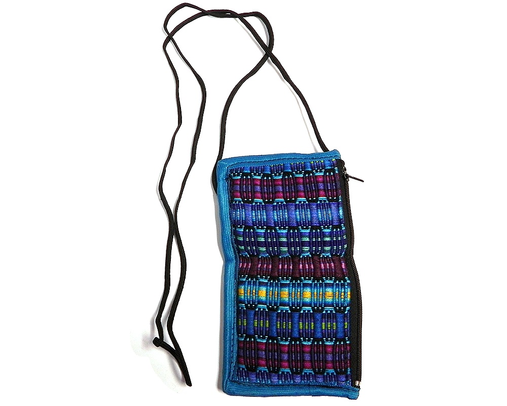 Handmade eyeglasses pouch with multicolored woven cotton striped design, cushion, zipper pocket, and strap in turquoise blue.