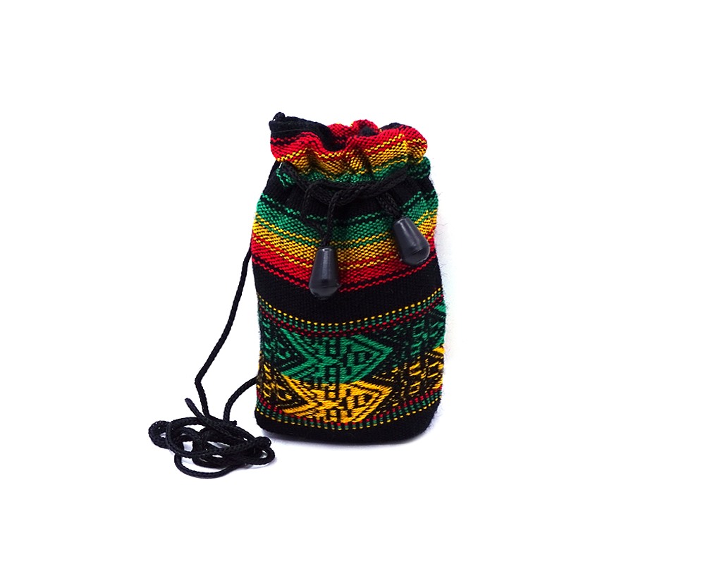 CP-060101010433-2 Handmade Rasta magic pouch with acrylic wool, drawstring closure, and strap in tribal print striped pattern.
