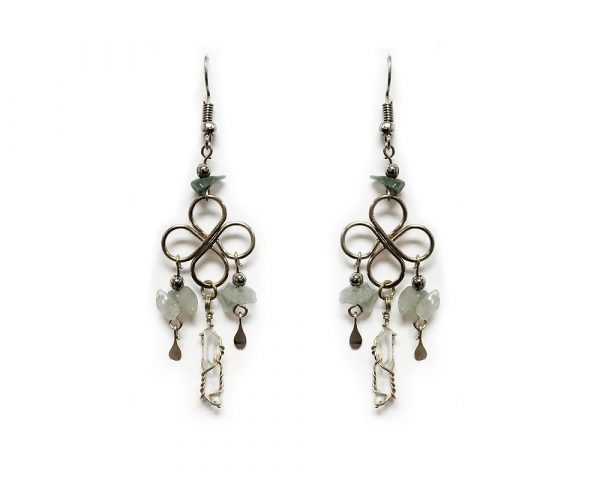 Handmade alpaca silver metal flower design earrings with chip stones and wire wrapped clear quartz crystal dangles in light green color.