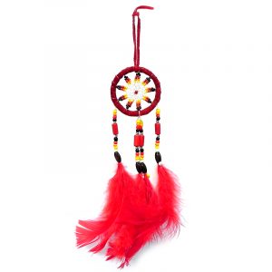 Handmade small round suede leather beaded dream catcher hanging ornament with multicolored seed beads and natural feather dangles in red color.