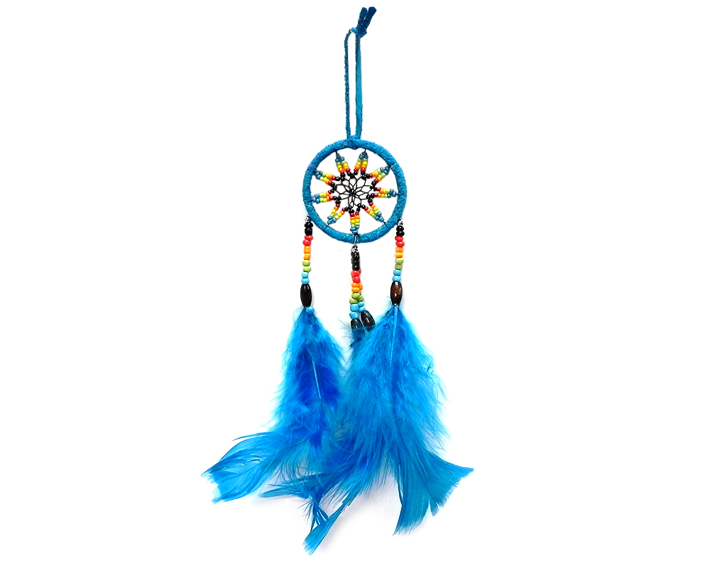 DC-010100359935 Handmade small round suede leather beaded dream catcher hanging ornament with multicolored seed beads and natural feather dangles in turquoise blue color.
