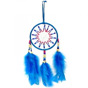 Handmade large round suede leather beaded dream catcher hanging ornament with multicolored seed beads and natural feather dangles in turquoise blue color.