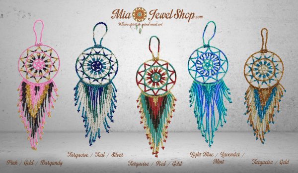 Multicolored Czech glass seed bead dream catcher hanging ornament with beaded dangles.