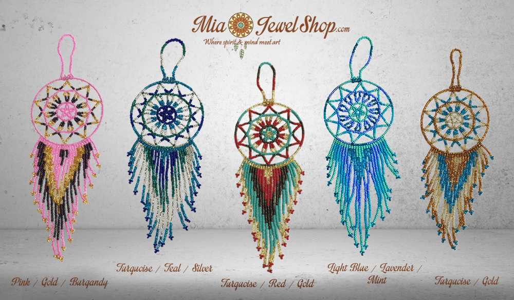Multicolored Czech glass seed bead dream catcher hanging ornament with beaded dangles.