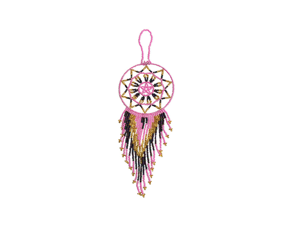 Handmade Czech glass seed bead dream catcher hanging ornament with beaded dangles in pink, burgundy, and gold color combination.