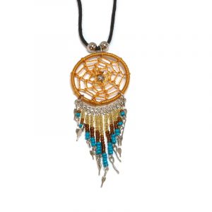 Handmade round thread dream catcher pendant with long seed bead and alpaca silver dangles on adjustable necklace in golden yellow, gold, brown, and turquoise color combination.
