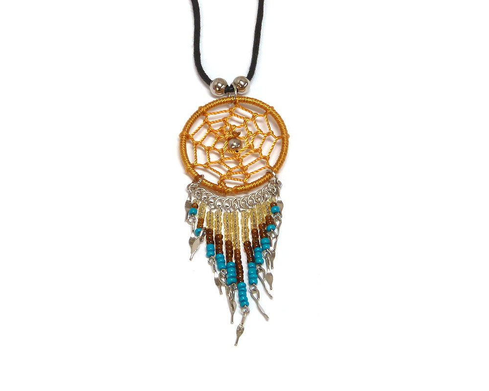 PN-030101330835 Handmade round thread dream catcher pendant with long seed bead and alpaca silver dangles on adjustable necklace in golden yellow, gold, brown, and turquoise color combination.