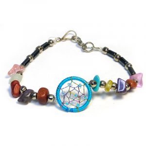 Handmade hematite, multicolored chip stone, and silver metal seed bead bracelet with round beaded thread dream catcher centerpiece in turquoise blue color.