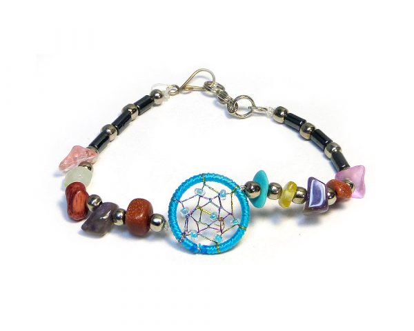 Handmade hematite, multicolored chip stone, and silver metal seed bead bracelet with round beaded thread dream catcher centerpiece in turquoise blue color.