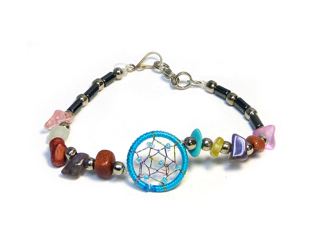 Handmade hematite, multicolored chip stone, and silver metal seed bead bracelet with round beaded thread dream catcher centerpiece in turquoise blue color.