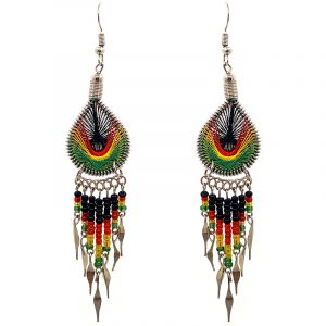 Teardrop-shaped silk thread earrings with long seed bead and alpaca silver metal dangles in Rasta colors.