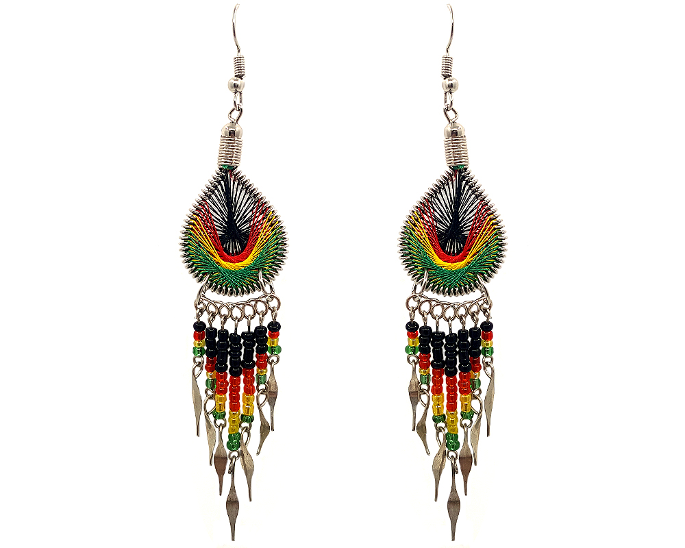 Teardrop-shaped silk thread earrings with long seed bead and alpaca silver metal dangles in Rasta colors.