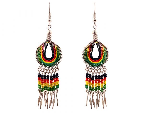 Round-shaped silk thread earrings with round hole and seed bead and alpaca silver dangles in Rasta colors.