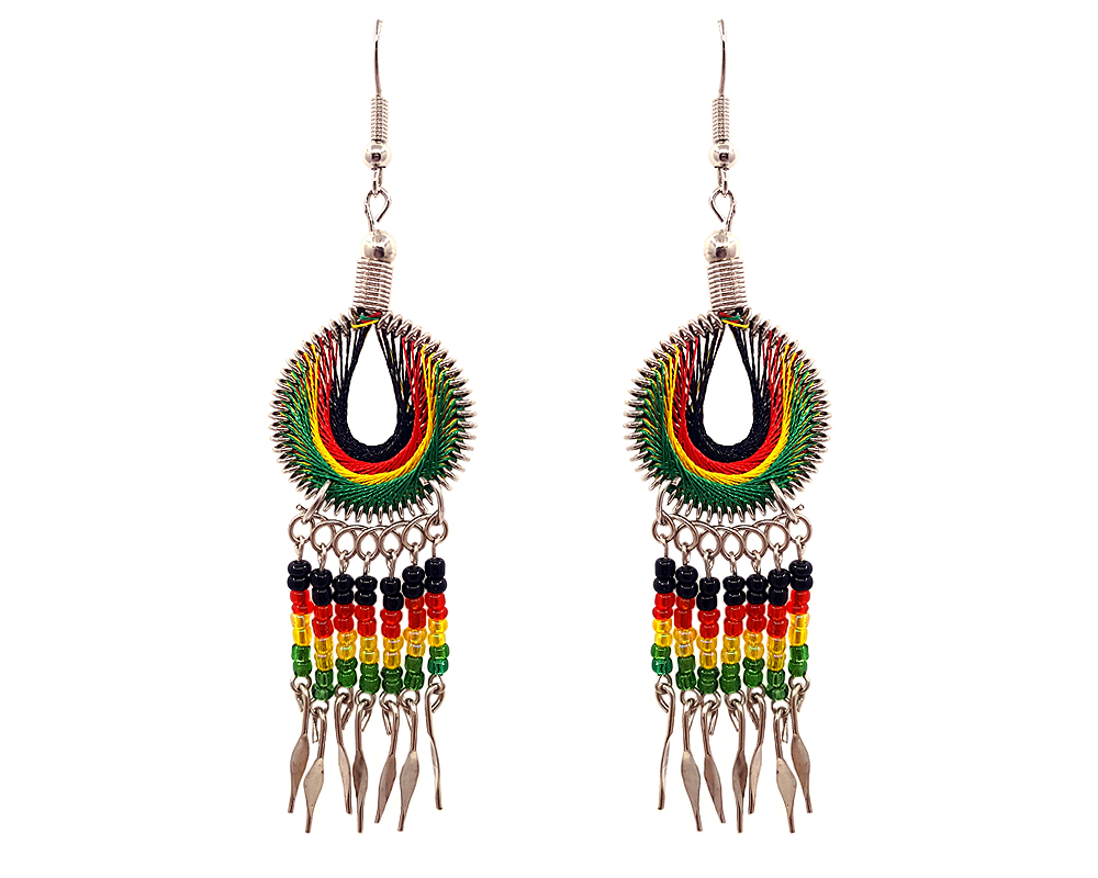 EA-010301010304 Round-shaped silk thread earrings with round hole and seed bead and alpaca silver dangles in Rasta colors.