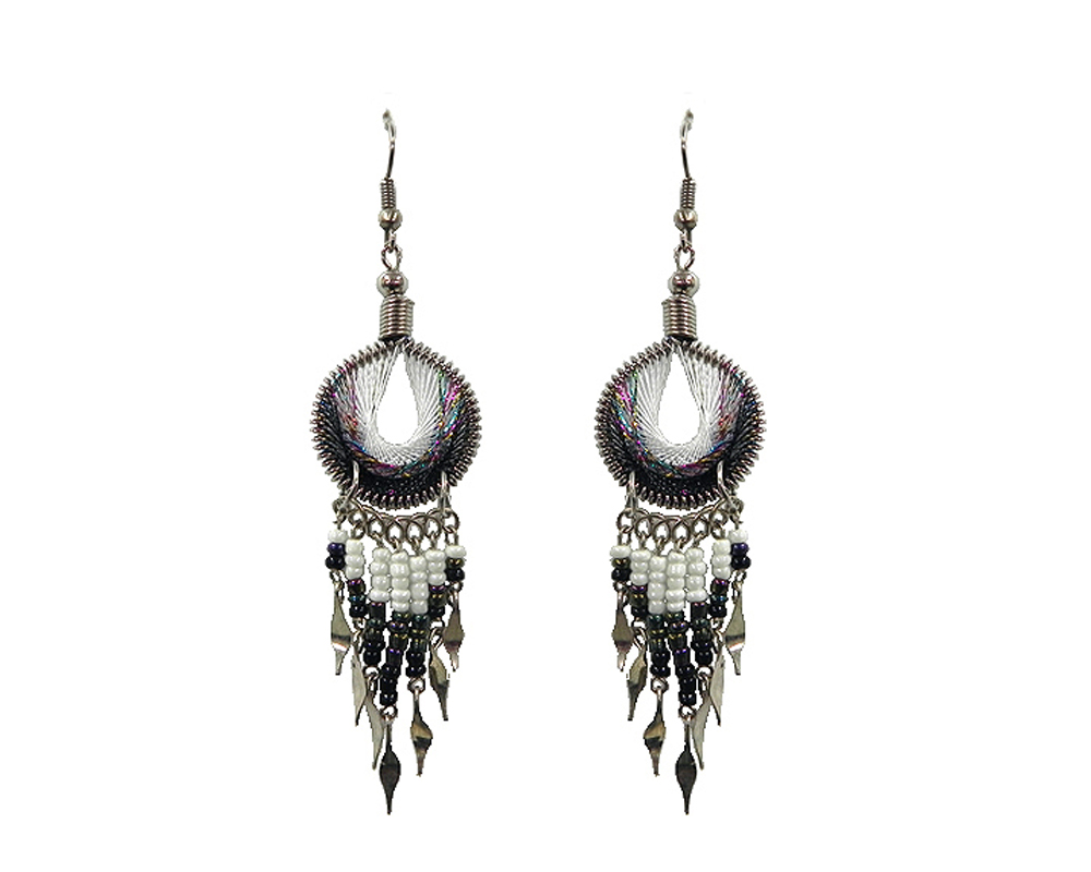 Round-shaped silk thread earrings with hole and long seed bead and alpaca silver metal dangles in black, white, and iridescent color combination.