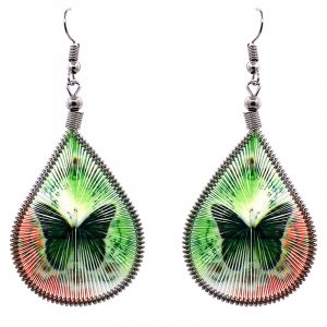 Teardrop-shaped thread dangle earrings with alpaca silver wire and monarch butterfly graphic image in green and orange color combination.