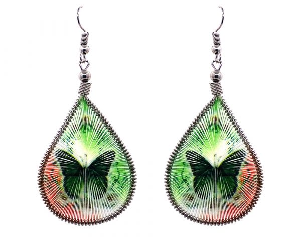 Teardrop-shaped thread dangle earrings with alpaca silver wire and monarch butterfly graphic image in green and orange color combination.