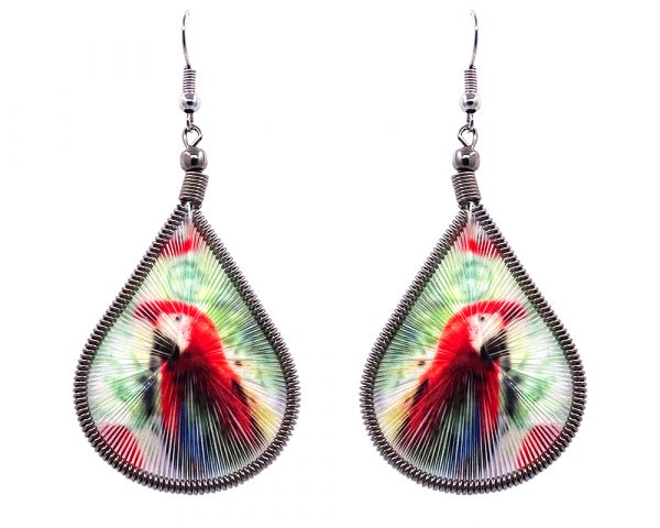 Teardrop-shaped thread dangle earrings with alpaca silver wire and scarlet macaw parrot graphic image in red, green, and multicolored color combination.