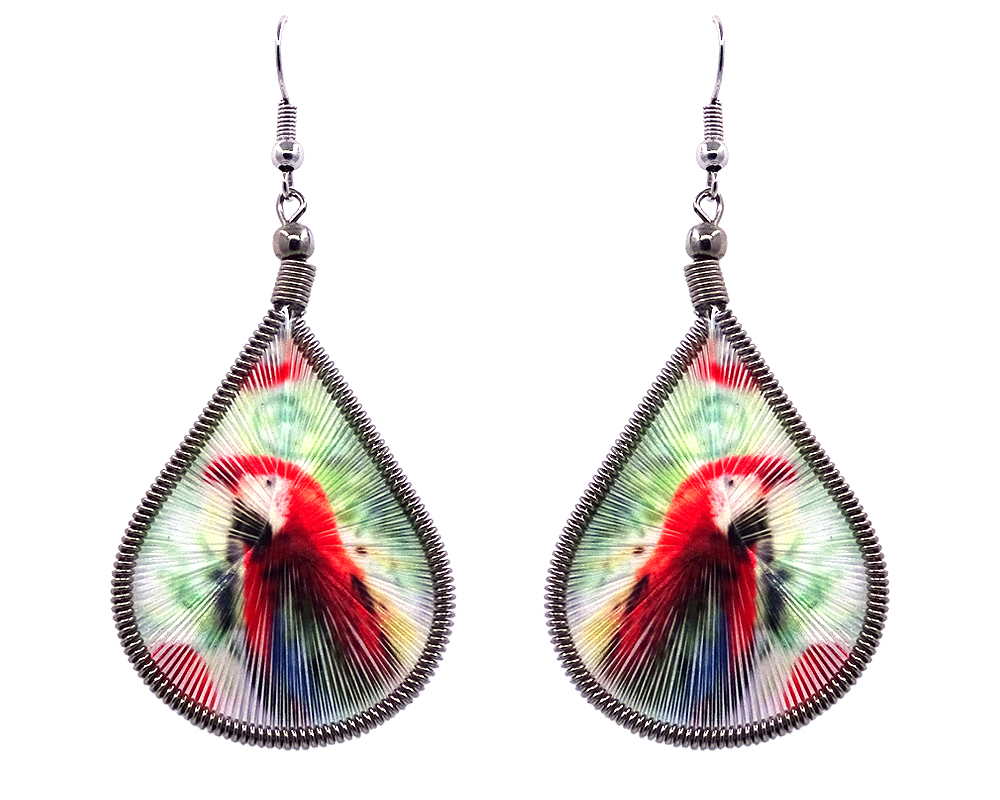 EA-010802013400 Teardrop-shaped thread dangle earrings with alpaca silver wire and scarlet macaw parrot graphic image in red, green, and multicolored color combination.