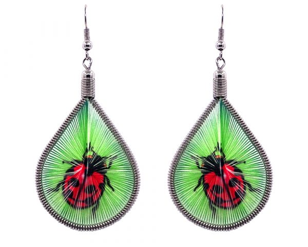 Teardrop-shaped thread dangle earrings with alpaca silver wire and ladybug graphic image in lime green, red, and black color combination.