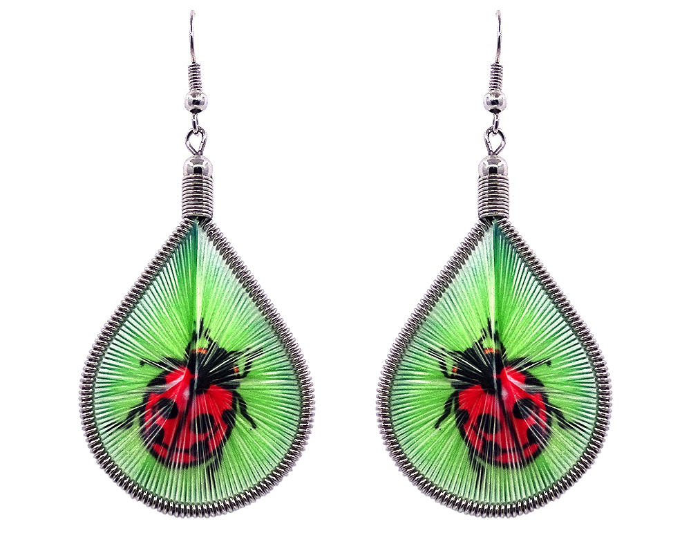 Teardrop-shaped thread dangle earrings with alpaca silver wire and ladybug graphic image in lime green, red, and black color combination.
