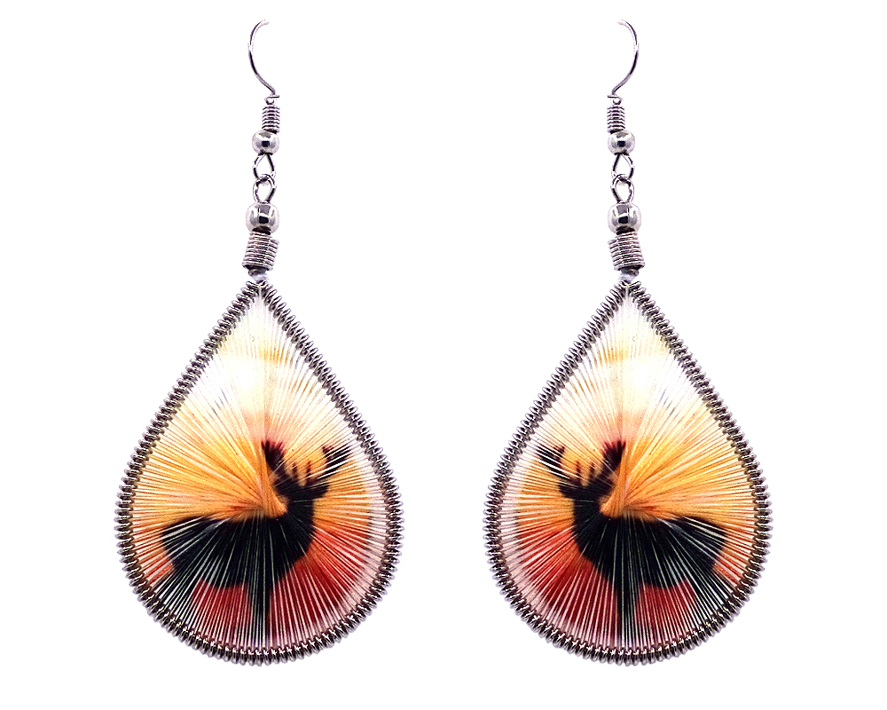 EA-010805023309 Teardrop-shaped thread dangle earrings with alpaca silver wire and deer silhouette graphic image in orange, gold, and black color combination.