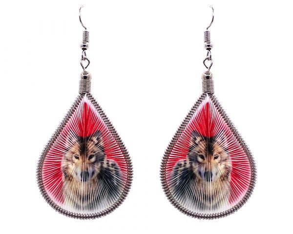 Teardrop-shaped thread dangle earrings with alpaca silver wire and wolf graphic image in red and brown color combination.