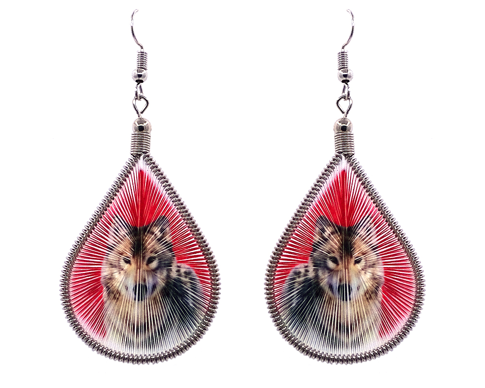 EA-010806080138 Teardrop-shaped thread dangle earrings with alpaca silver wire and wolf graphic image in red and brown color combination.