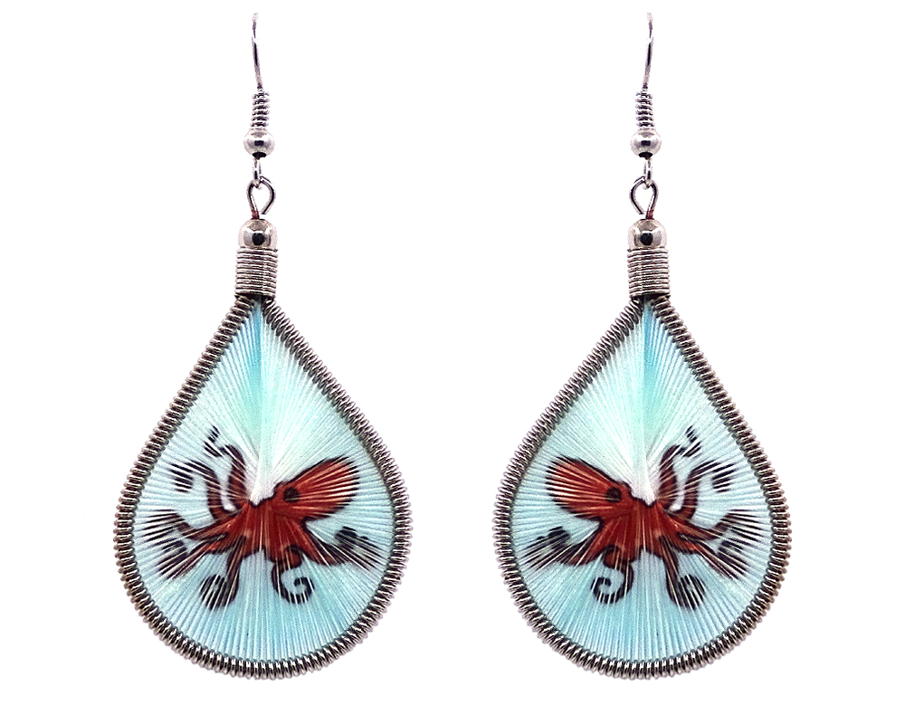 Teardrop-shaped thread dangle earrings with alpaca silver wire and octopus graphic image dark orange and light blue turquoise color combination.