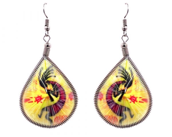 Teardrop-shaped thread dangle earrings with alpaca silver wire and Southwest Kokopelli graphic image yellow, hot pink, and black color combination.