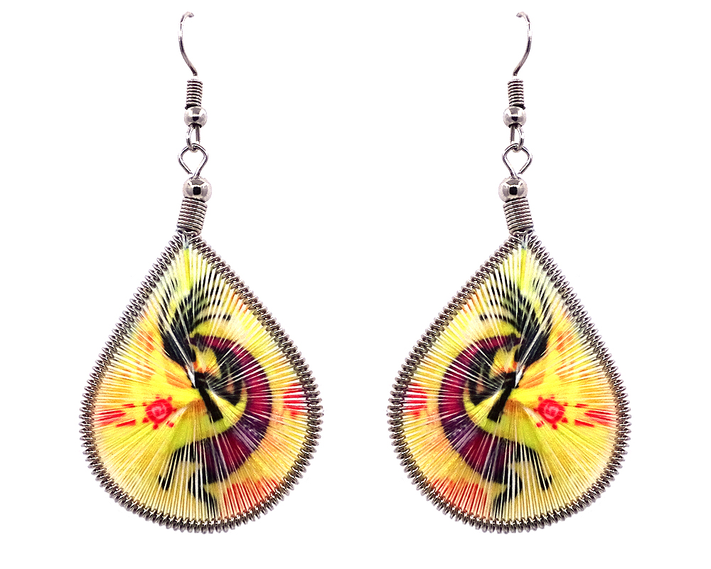 EA-010816370309 Teardrop-shaped thread dangle earrings with alpaca silver wire and Southwest Kokopelli graphic image yellow, hot pink, and black color combination.