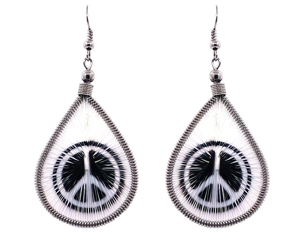 EA-010820000900 Teardrop-shaped thread dangle earrings with alpaca silver wire and peace sign graphic image in white and black color combination.