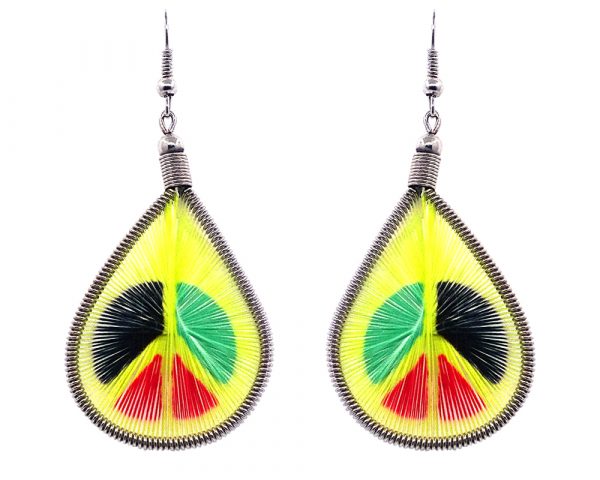 Teardrop-shaped thread dangle earrings with alpaca silver wire and peace sign graphic image in yellow and Rasta color combination.