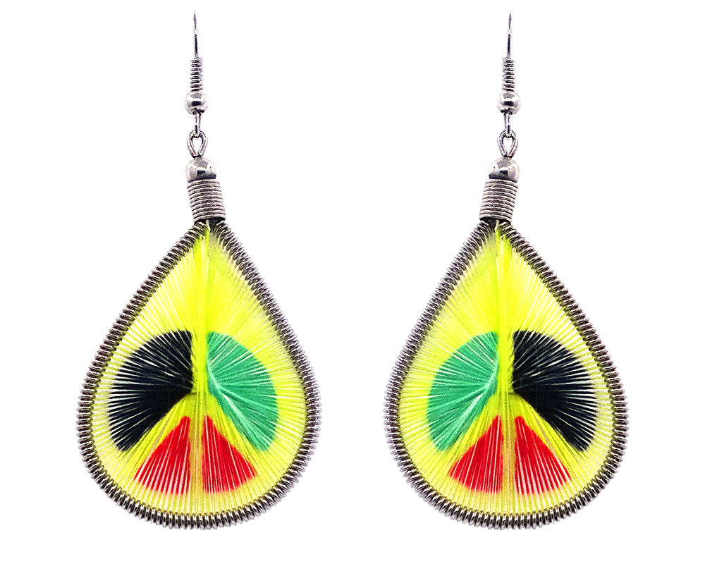 EA-010820030104 Teardrop-shaped thread dangle earrings with alpaca silver wire and peace sign graphic image in yellow and Rasta color combination.